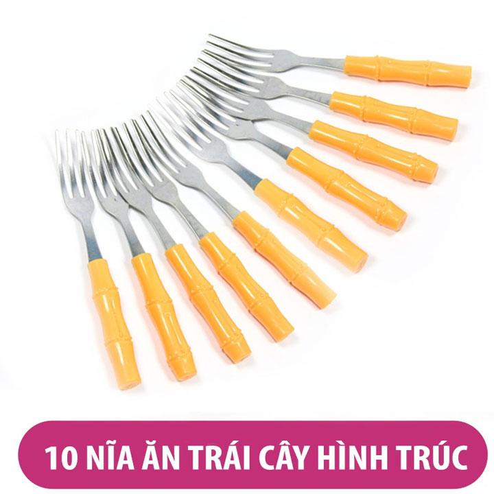 Combo 10 Nĩa inox CÁN NHỰA VÀNG ăn hoa quả, trái cây, bánh ngọt, món tráng miệng bằng inox bền đẹp