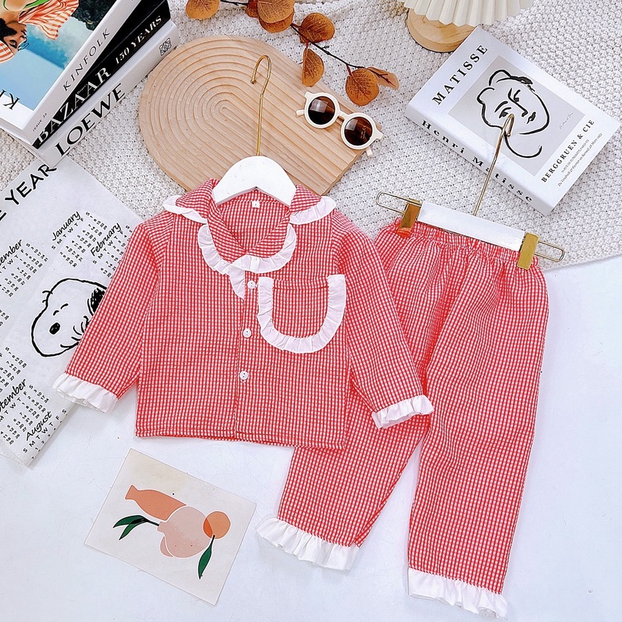 Bộ pijama kẻ dài tay phối ren cao cấp cho bé từ 8-20kg