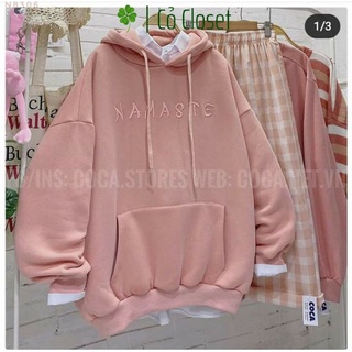Áo hoodie nỉ thêu namaste form rộng tay phồng, áo nỉ nữ ulzzang
