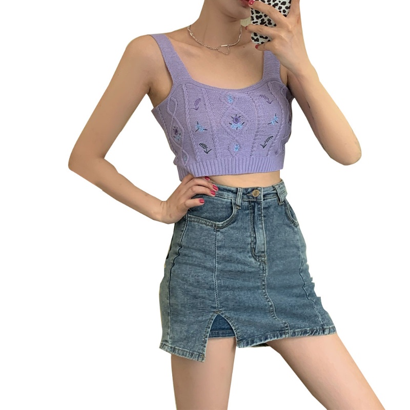 Áo Croptop Dệt Kim Không Tay Cổ Vuông Thêu Hoa Dáng Ôm Gợi Cảm Cho Nữ
