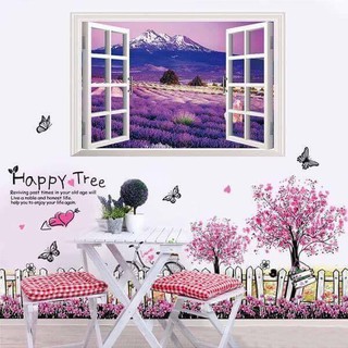 Decal dán tường: Combo chân tường hoa tím và cửa sổ vườn hoa oải hương