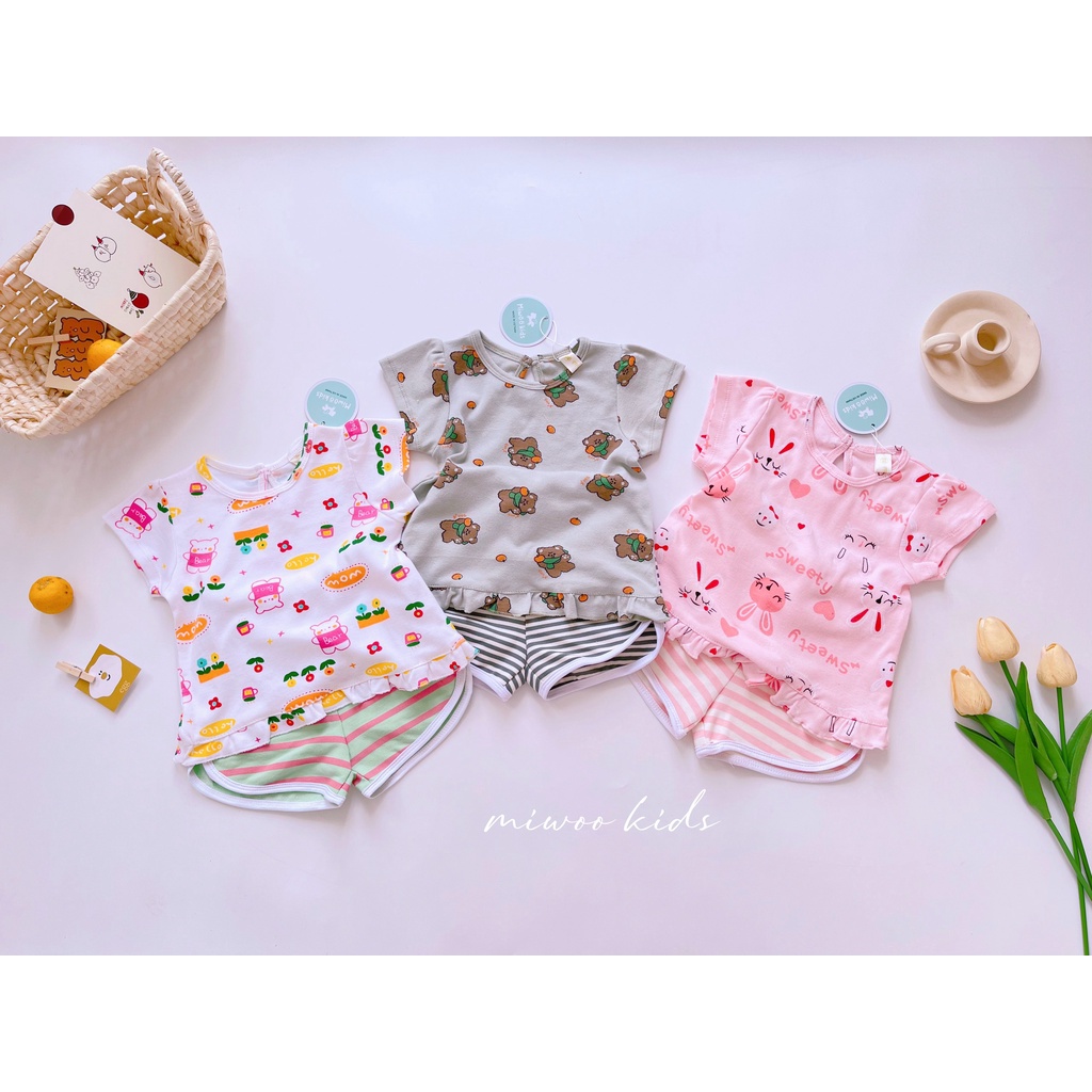 Bộ cộc tay cotton nhún bèo, quần sọc họa tiết dễ thương cho bé gái MIWOO