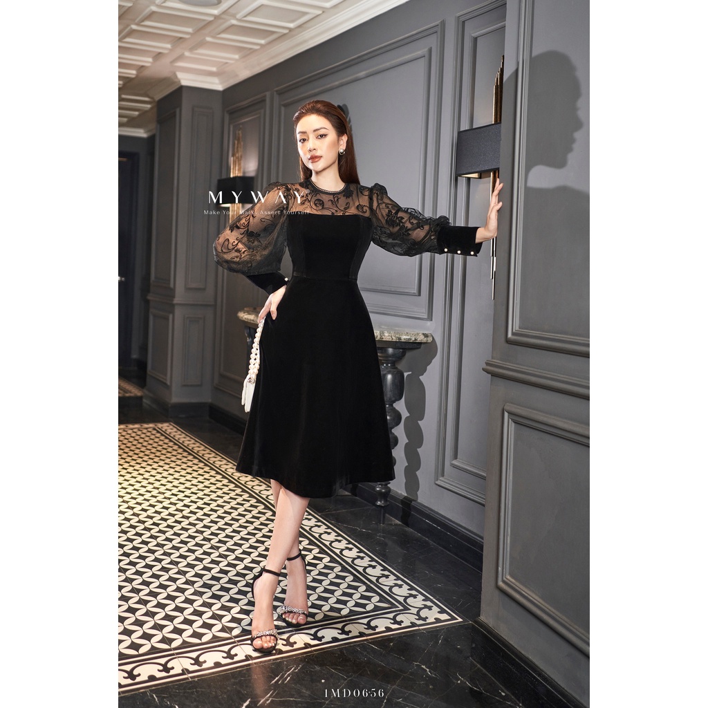 Đầm Nhung Nữ Thiết Kế My Way Tay Phối Ren Sang Trọng 1MD0656