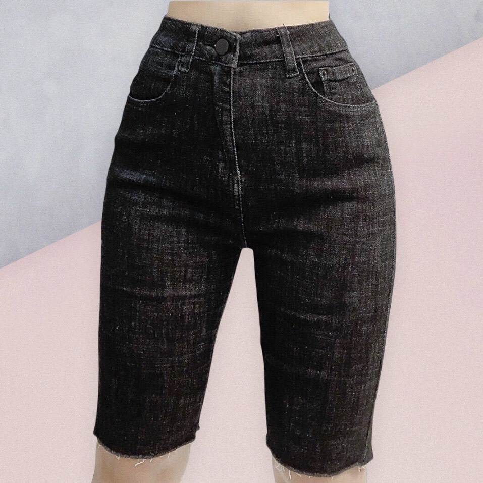 Quần Lửng Ngố Jeans Bigsize, ĐEN XƯỚC TRƠN 7001, Lưng Cao Trên Rốn, Co Giãn Mạnh [Size 32-36]