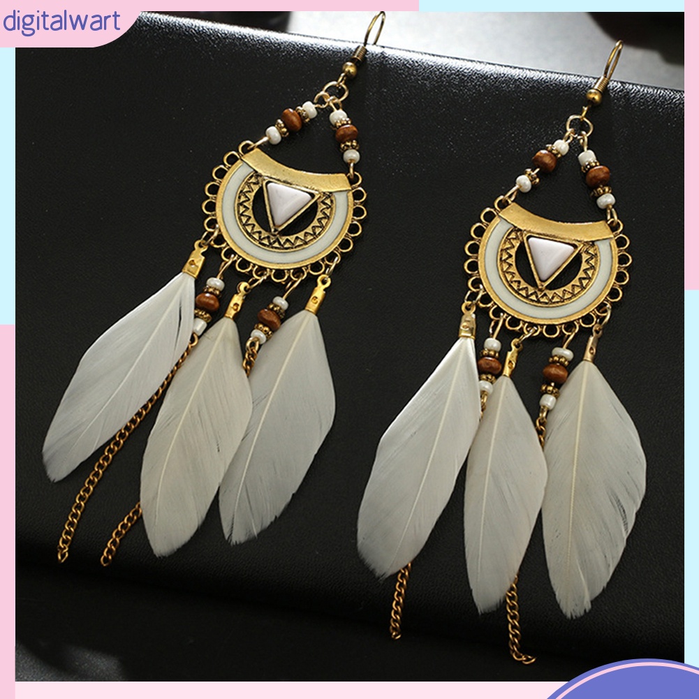 Đôi Khuyên Tai Dài Gắn Lông Vũ Phong Cách Retro Thời Trang Cho Nữ