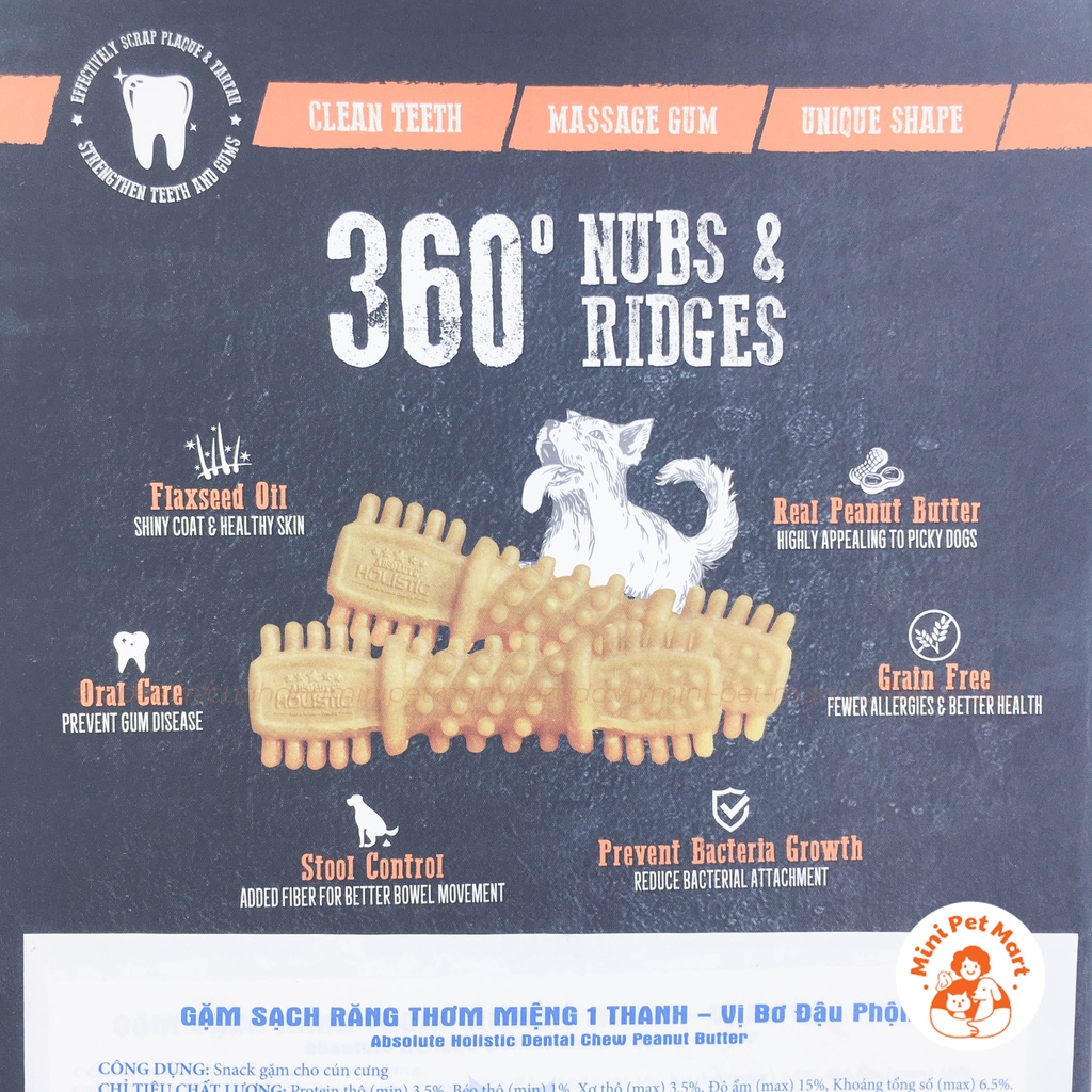 Xương gặm sạch răng, thơm miệng cho chó hình bàn chải ABSOLUTE HOLISTIC DENTAL CHEW  - Vị bơ đậu phộng