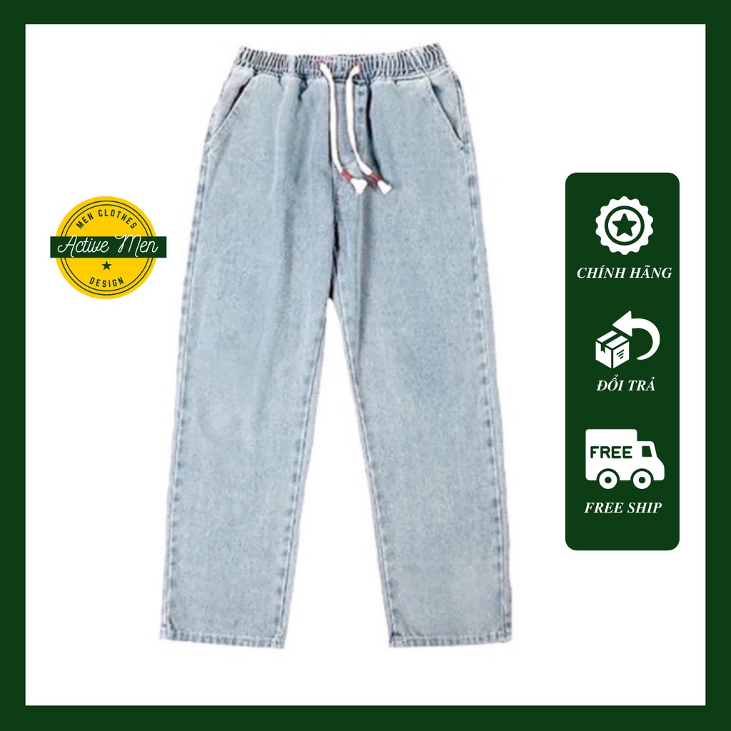 Quần Jeans Baggy Nam Cạp Chun Dây Nam, Nữ Chỉnh Eo Vừa Vặn- Form Rộng Màu Xanh