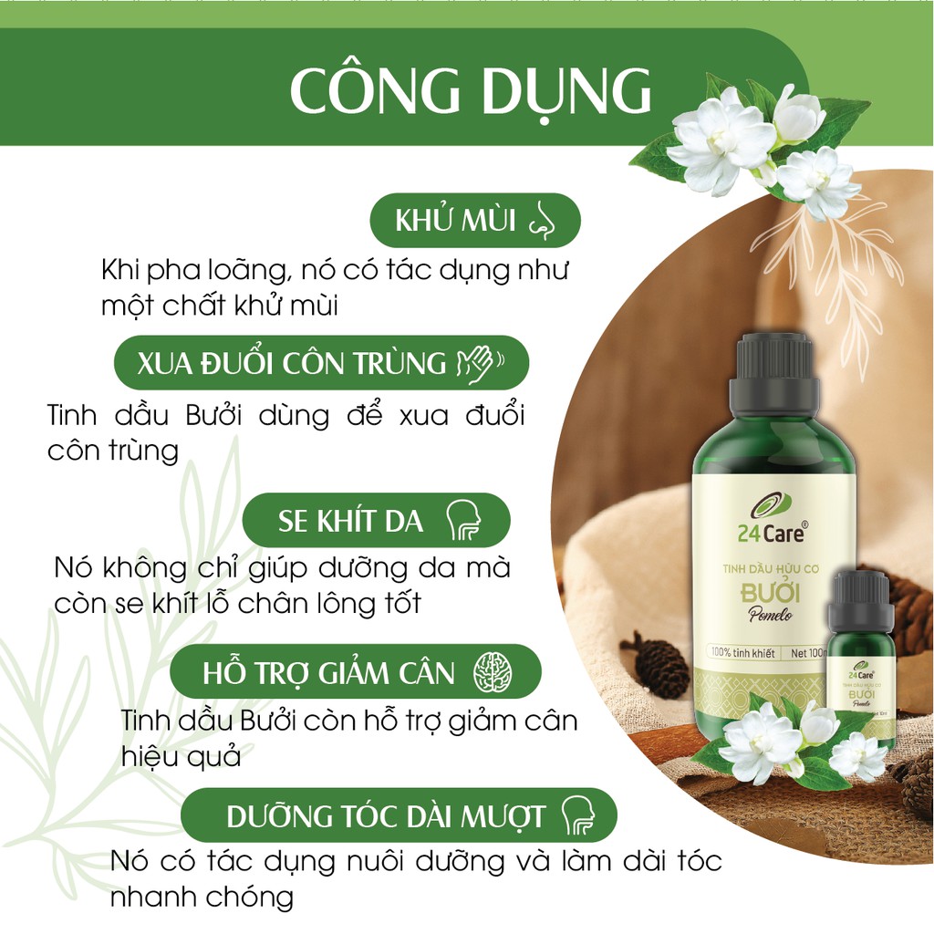 [MUA 1 TẶNG 1] Tinh dầu Bưởi VN 24Care nguồn gốc thiên nhiên 100% - xông phòng, dưỡng tóc, giảm mỡ bụng 10ml