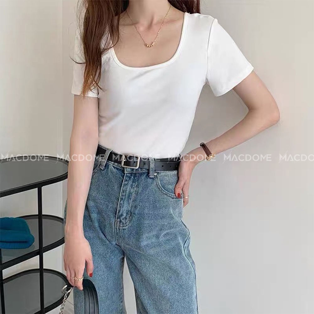 Áo thun nữ MACDOME cổ vuông cộc tay form đẹp thun trơn co giãn tốt màu đen trắng thời trang basic AT001