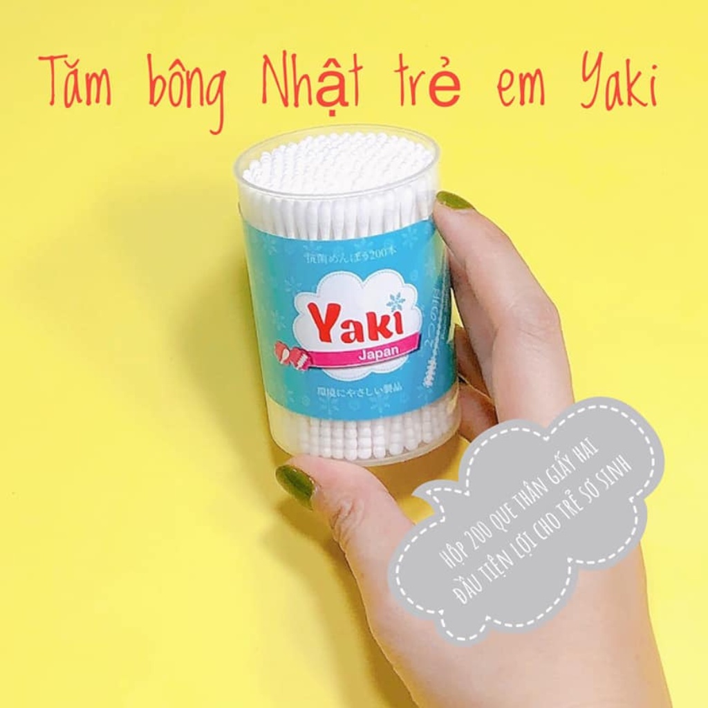 Hộp 200 que Tăm bông 2 đầu, thân giấy Yaki xanh cho bé sơ sinh và trẻ nhỏ
