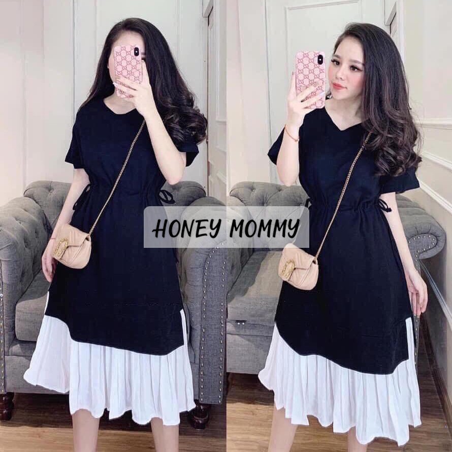 Váy Bầu Mùa Hè Cộc Tay Chất Thun Cotton Dây Rút Eo Phối Chân Váy Trắng HD2632 Honey Mommy Đầm Bầu Công Sở Đi Làm Đi Chơi