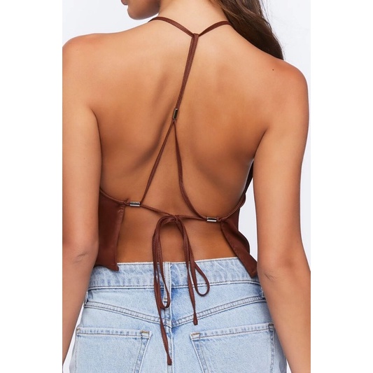 Croptop satin màu chocolate dây buộc chữ T - Satin T-Back Halter Top | Tiam Clothes VNXK