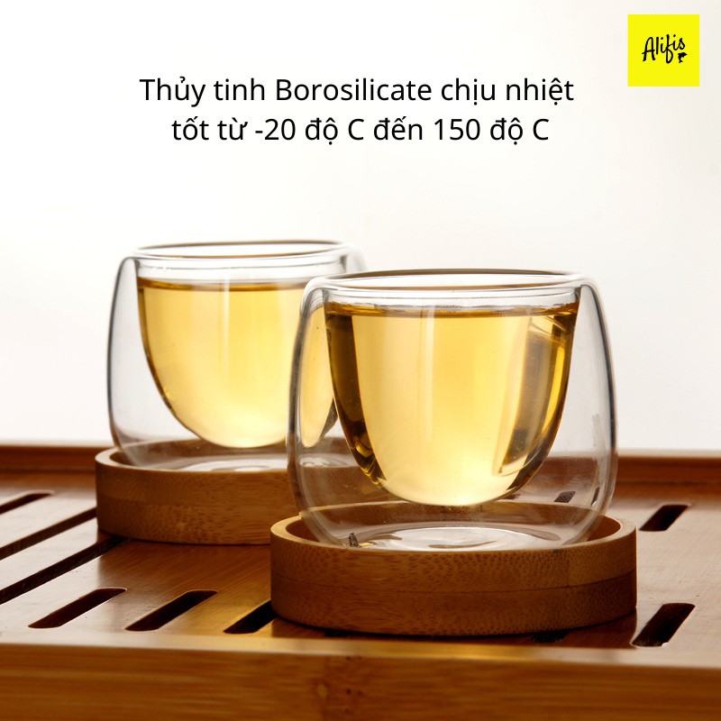 Cốc uống trà, chén uống trà thủy tinh 2 lớp kèm lót gỗ - Thủy tinh Borosilicate chịu nhiệt cực tốt