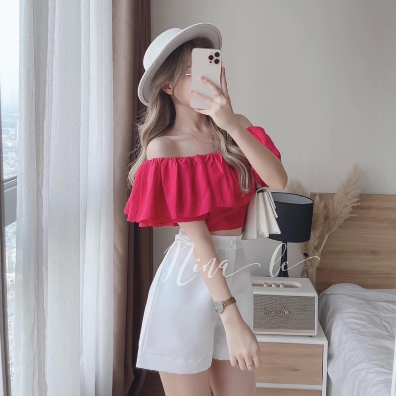 Set áo trễ vai nhúm bèo croptop với quần short ngắn xinh xắn màu hồng, trắng ôm eo (ST07)