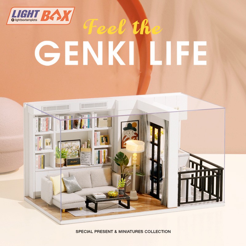 Nhà búp bê Tự làm bằng gỗ [Nhà GENKI LIFE tỉ lệ 1:32  &amp; đèn LED] Tặng khung bảo vệ + Dụng cụ (tỉ lệ 1:12 liên hệ shop)