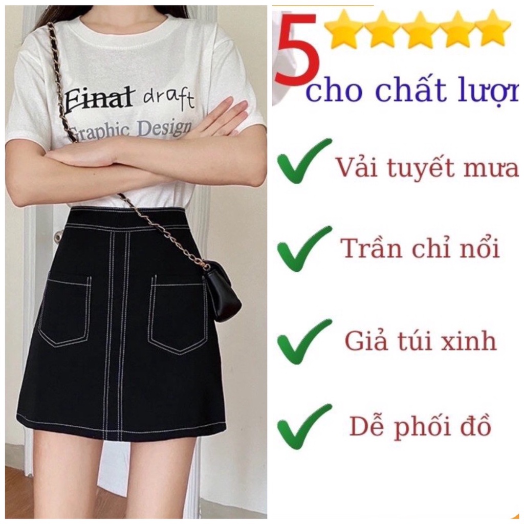 Chân váy ngắn chữ a trần chỉ nổi giả túi thời trang Kanimi | BigBuy360 - bigbuy360.vn