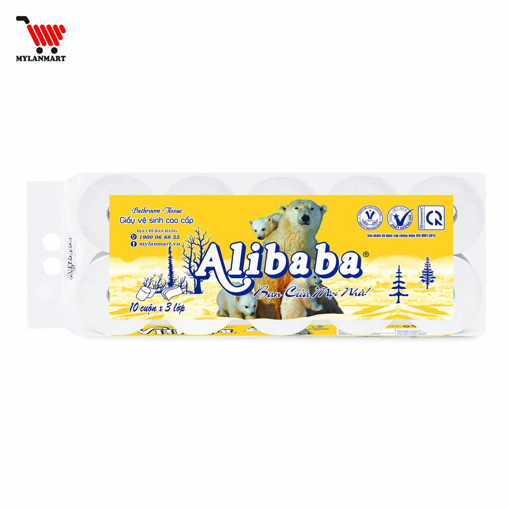 Giấy Vệ Sinh Alibaba Gấu Vàng 3 Lớp (10 Cuộn/1.4kg/ Xách) siêu dai, mềm mịn, tan trong nước