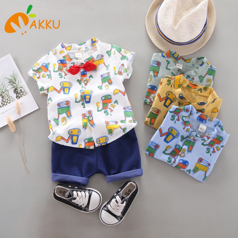 Set Áo Thun Cotton Ngắn Tay Và Quần Short In Hình Xe Xúc Hoạt Hình Cho Bé Trai
