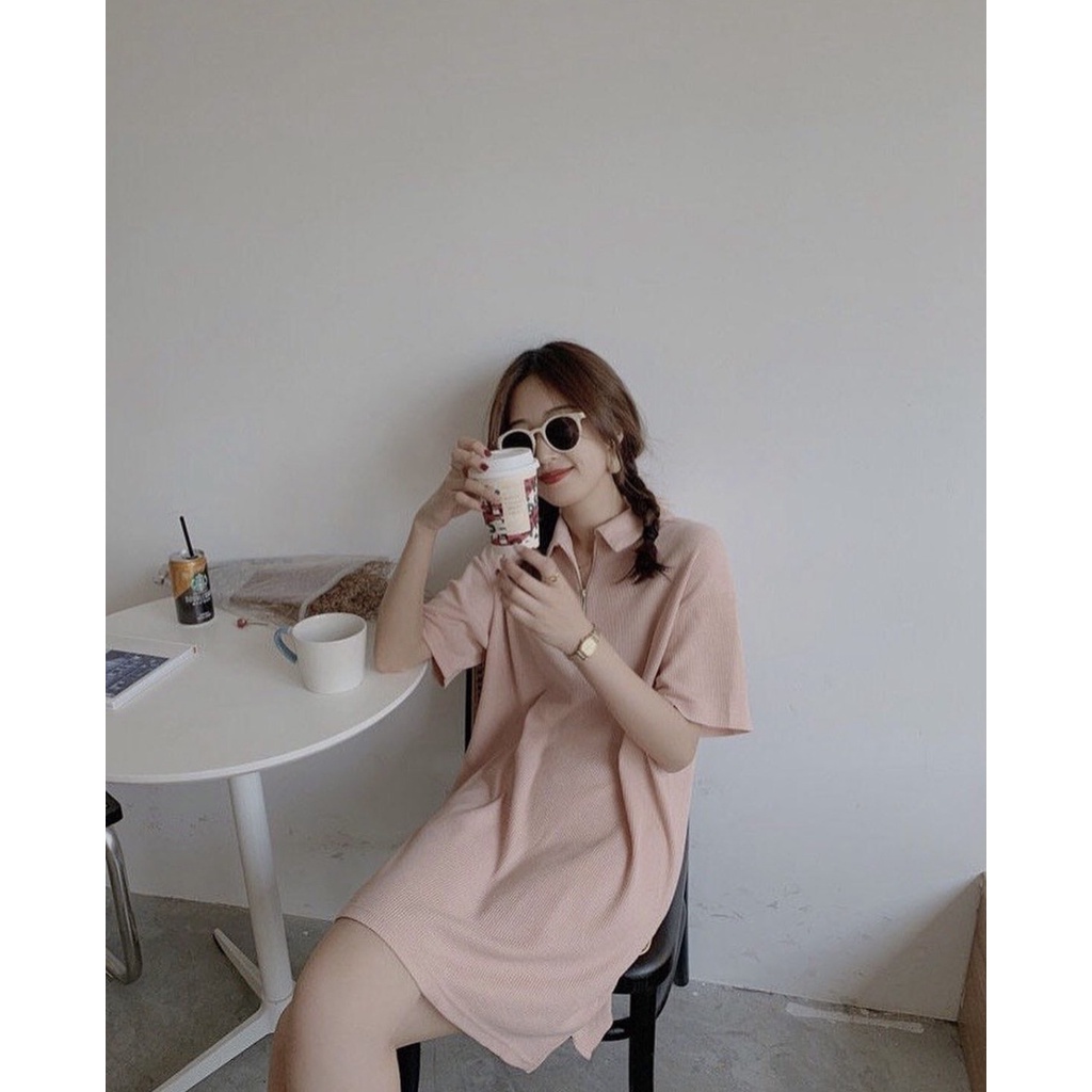 Váy Polo dáng suông kéo khóa chất thun xốp Váy suông có khóa kéo ngắn tay cổ đứng chất thun xốp lạ mắt cá tính