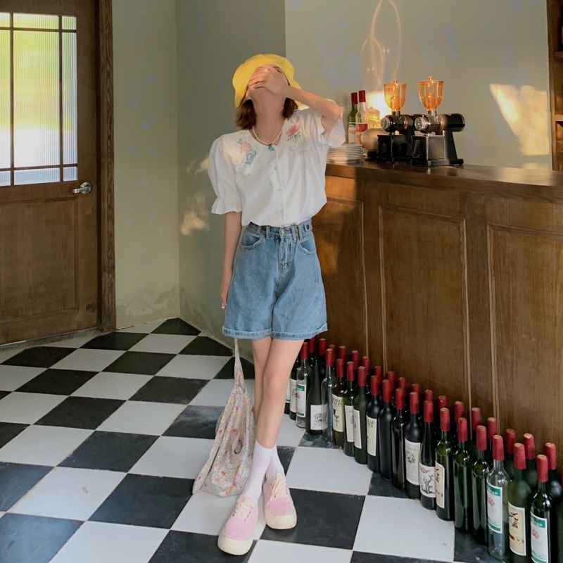 SUXI Áo sơ mi tay ngắn dáng rộng phối ren thêu họa tiết thời trang mùa hè Pháp cổ điển thanh lịch cho nữ