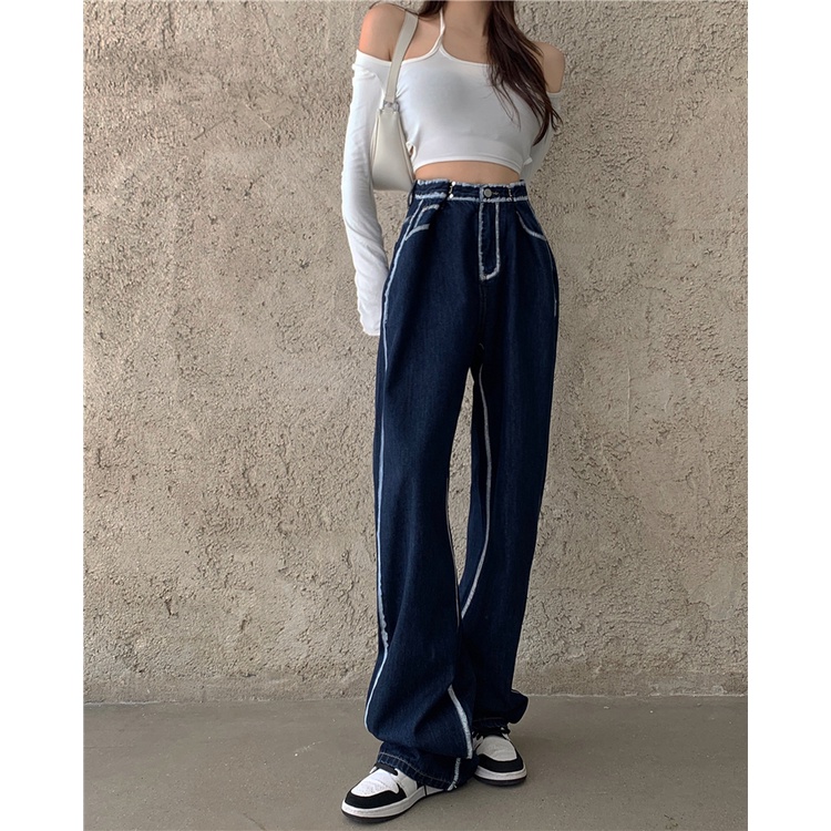 Quần denim Xanh Ống Rộng Lưng Cao Thiết Kế Mới Thời Trang Theo Phong Cách Mỹ Cho Nữ