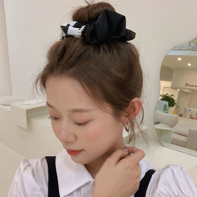 Dây Buộc Tóc Họa Tiết Sọc Caro Trắng Đen Đơn Giản Thời Trang Hàn Quốc