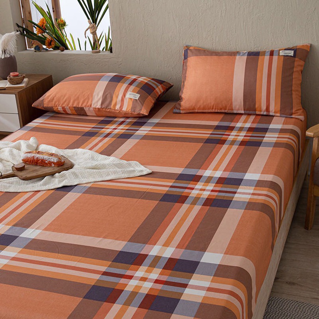 Ga Giường EMMIBEDDING STORE chất liệu TC , mẫu kẻ cam đất  miễn phí bo chun và làm ga phủ theo yêu cầu