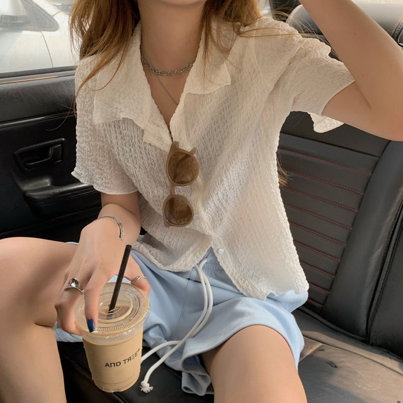 Áo Sơ Mi Tay Ngắn Màu Trơn Phong Cách Hàn Quốc Cho Nữ