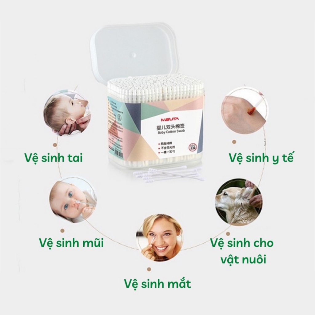 Tăm Bông Trẻ Em Misuta 2 Đầu Thông Minh Bông Tự Nhiên 400C An Toàn Cho Bé Sơ Sinh