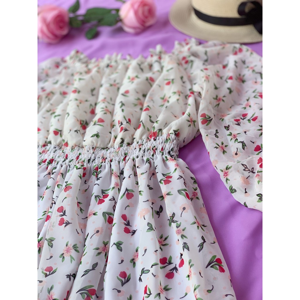 ĐẦM MAXI XÒE ĐUÔI CÁ NHÚNG BÈO DÀI TAY TRỄ VAI HOTGIRL HỌA TIẾT HOA NHÍ SIÊU CUTE