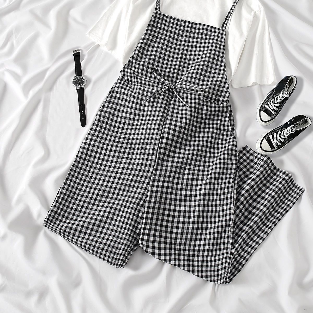 Quần Yếm Ống Rộng Họa Tiết Sọc Caro Thời Trang Xuân Thu Hàn Quốc | BigBuy360 - bigbuy360.vn