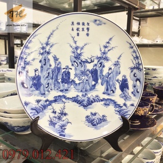 Đĩa cảnh Bát Tràng Trúc lâm thất hiền men lam đường kính 27cm