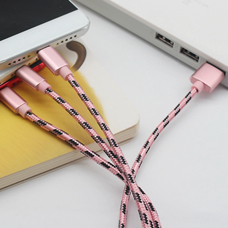 Cáp sạc nhanh dây bện thiết kế 3 trong 1 cổng Micro USB + iOS + Loại C tiện dụng