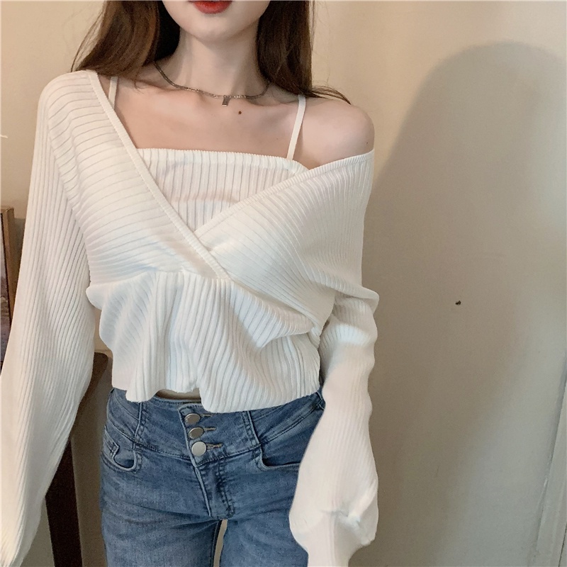 Áo Dệt Kim Tay Dài Trễ Vai Phong Cách Hàn Quốc Xinh Xắn