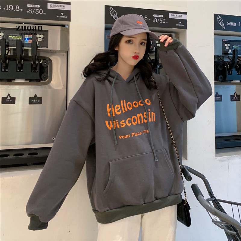 SUXI Áo Hoodie Nữ Tay Dài Dáng Rộng In Chữ Thời Trang