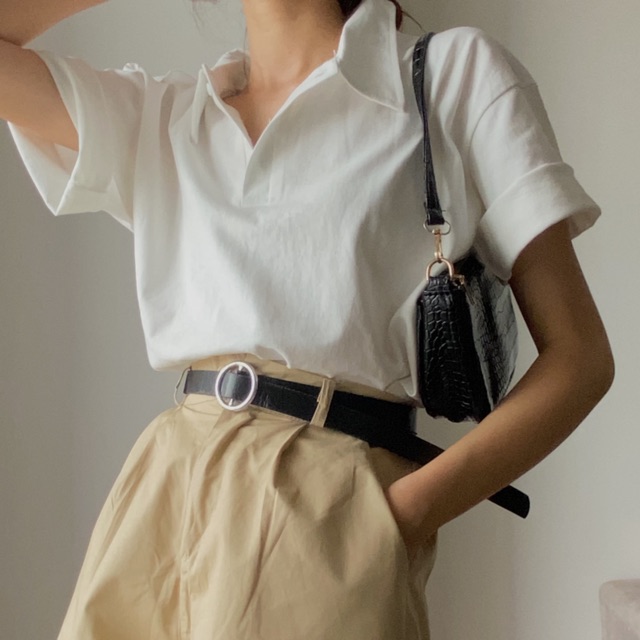 Áo polo trơn Audrey đen/trắng freesize 645