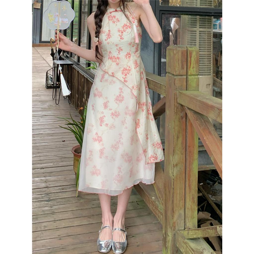 Sườn Xám Cách Tân Tiểu Thư Họa Tiết Hoa Anh Đào Siêu Xinh