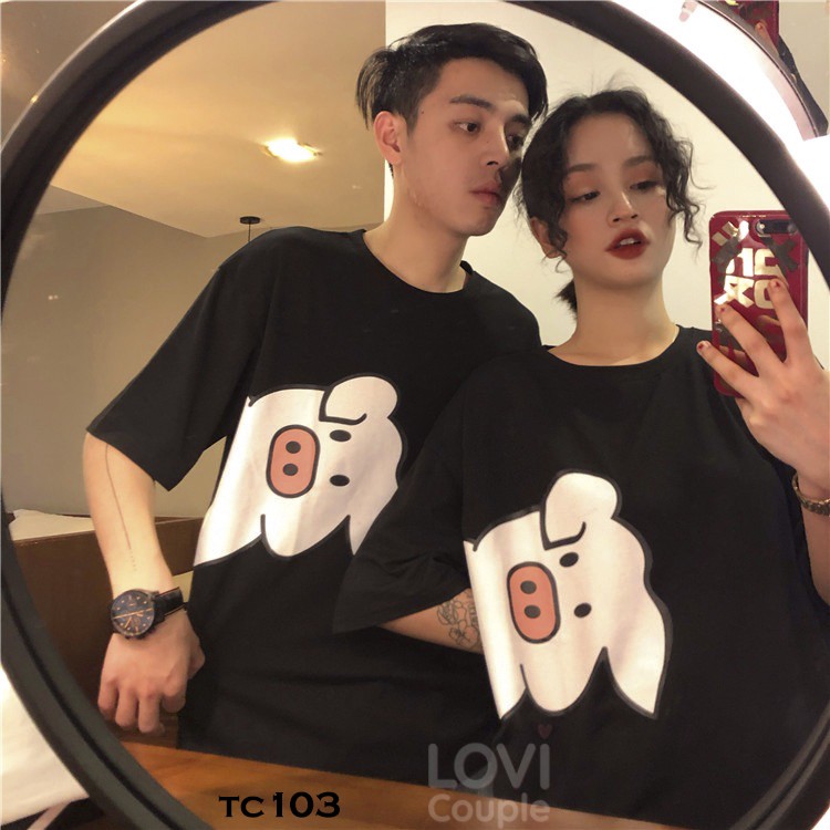 ÁO ĐÔI - Áo Thun Cặp Tay Lỡ Oversize Đen In Heo Đáng Yêu TC103 - LoviCouple - Có FeedBack