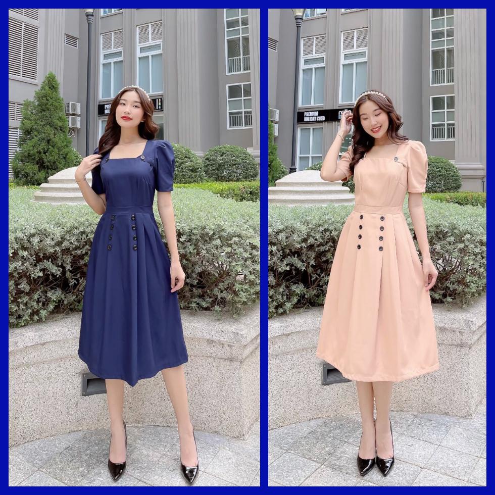 Đầm Kaki thun cổ vuông phối cúc eo xếp ly to phối cúc trước M2268 AnnaLe Store