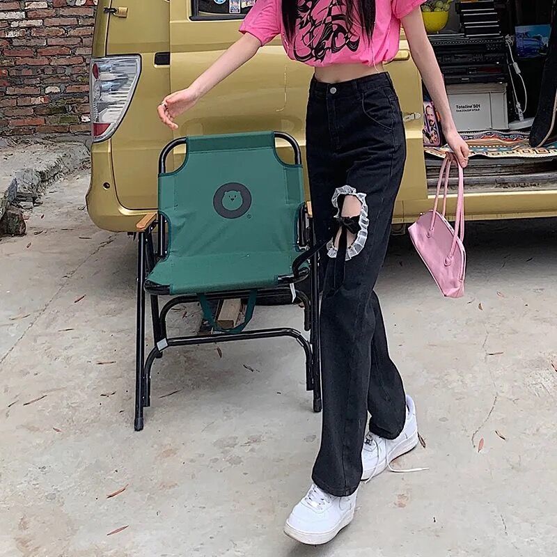 Quần jean dài ống rộng phối ren thiết kế mỏng thời trang hè phong cách Hàn Quốc cho nữ