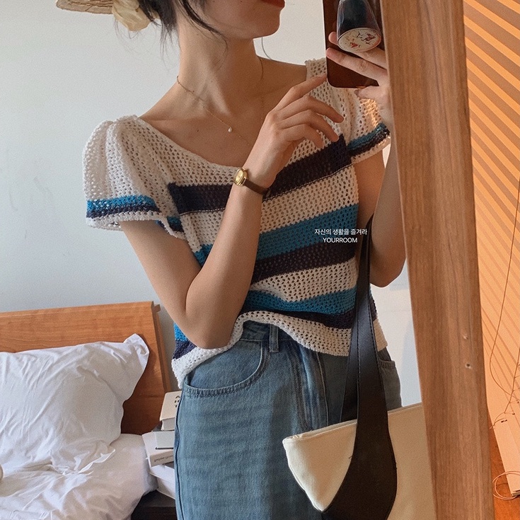 【ZHELIHANGFEI】Áo Thun Dệt Kim Tay Ngắn Dáng Rộng Kẻ Sọc Màu Sắc Tương Phản Độc Đáo