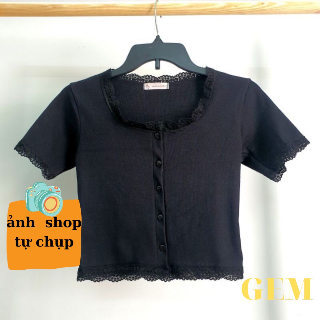 Áo croptop kiểu tay ngắn phối ren , croptop nữ cổ vuông sexy