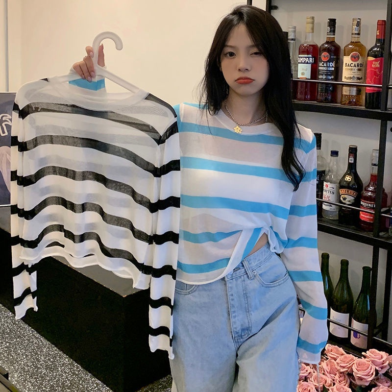 Áo Dệt Kim Mỏng Chống Nắng Họa Tiết Kẻ Sọc Đơn Giản Sáng Tạo
