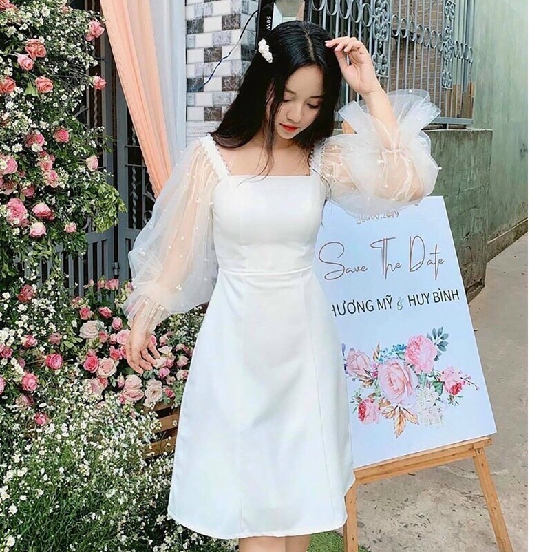 Váy đầm nữ dáng xòe tay lưới dài