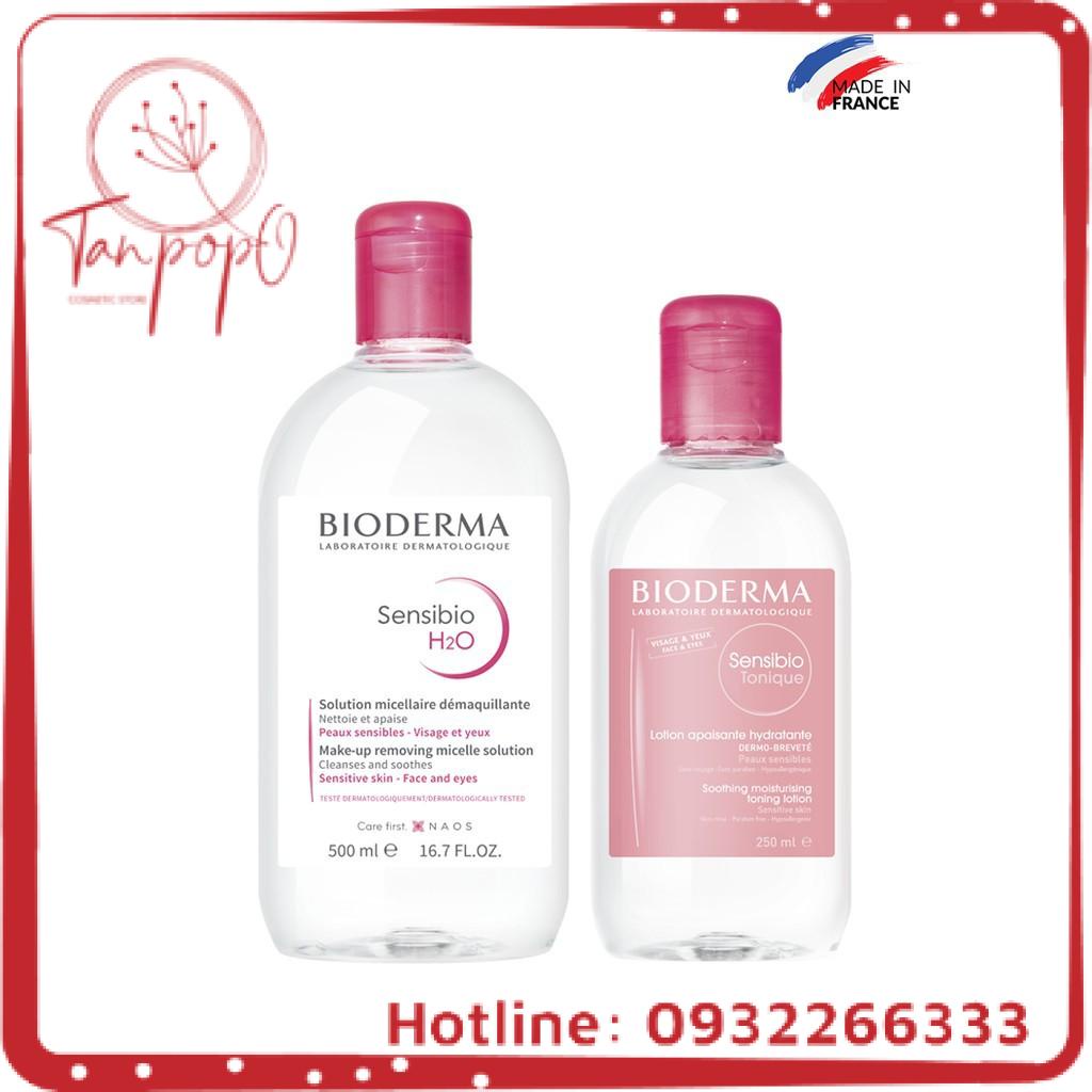 Bộ nước tẩy trang công nghệ Micellar cho da nhạy cảm Bioderma Sensibio H2O 250ml và Dung dịch cân bằng, dưỡng ẩm 250ml