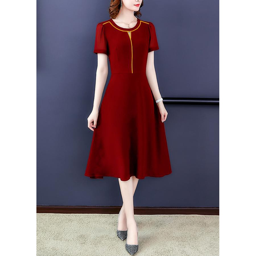 Đầm Xòe Trung Niên Dự Tiệc Kiểu Cổ Tròn Phối Viền Cách Điệu Màu Đỏ Đơn Giản GOTI 3190
