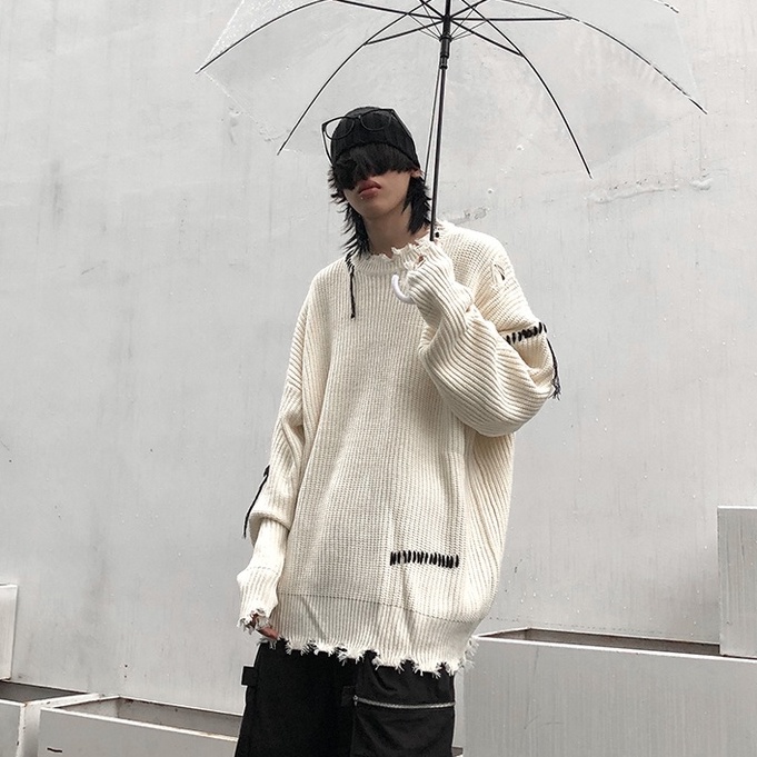 Áo sweater dệt kim dáng rộng phối rách kiểu retro đường phố cá tính cho các cặp đôi