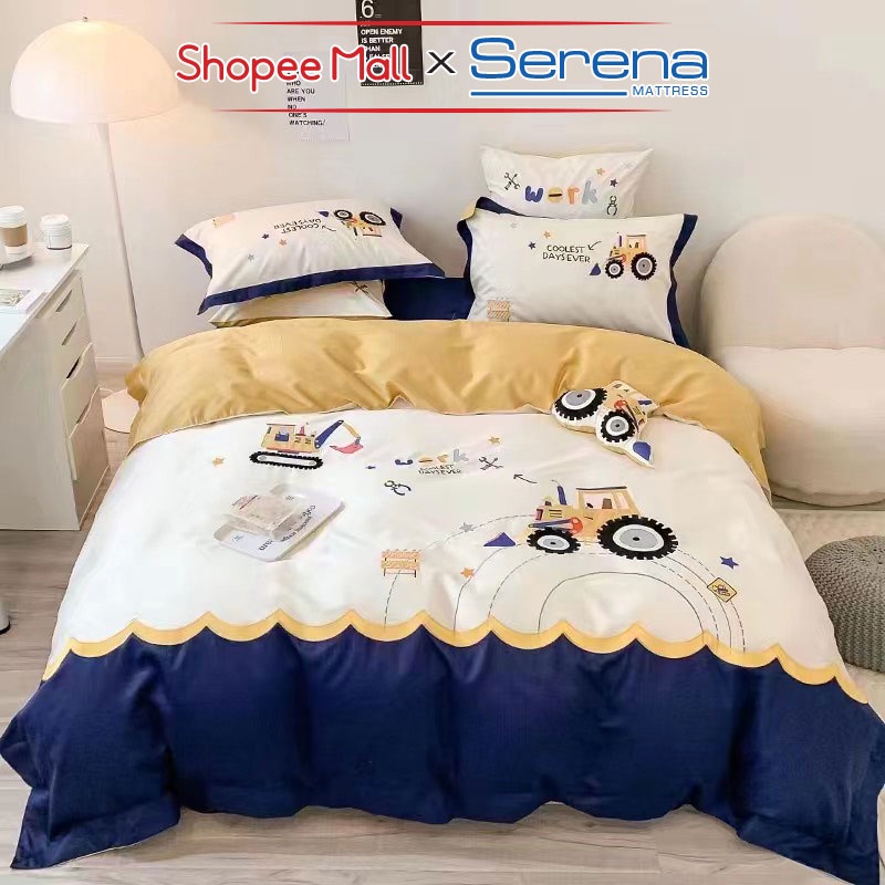 Bộ Ga Giường Chần Bông Full 5 Món Lụa Satin Thêu SERENA MATTRESS Chăn Ga Ra Drap Gối Đệm Nệm Trải Phủ Giường Trần Bông