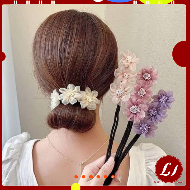 Thanh uốn búi tóc đính 3 HOA vải phong cách hàn quốc cho nữ