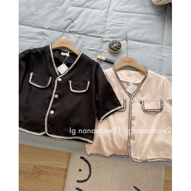 Áo khoác kiểu sơ mi dạ tweed mỏng xước ướt cổ V dáng croptop Hàn Quốc chất mát - Ảnh thật Yena Closet